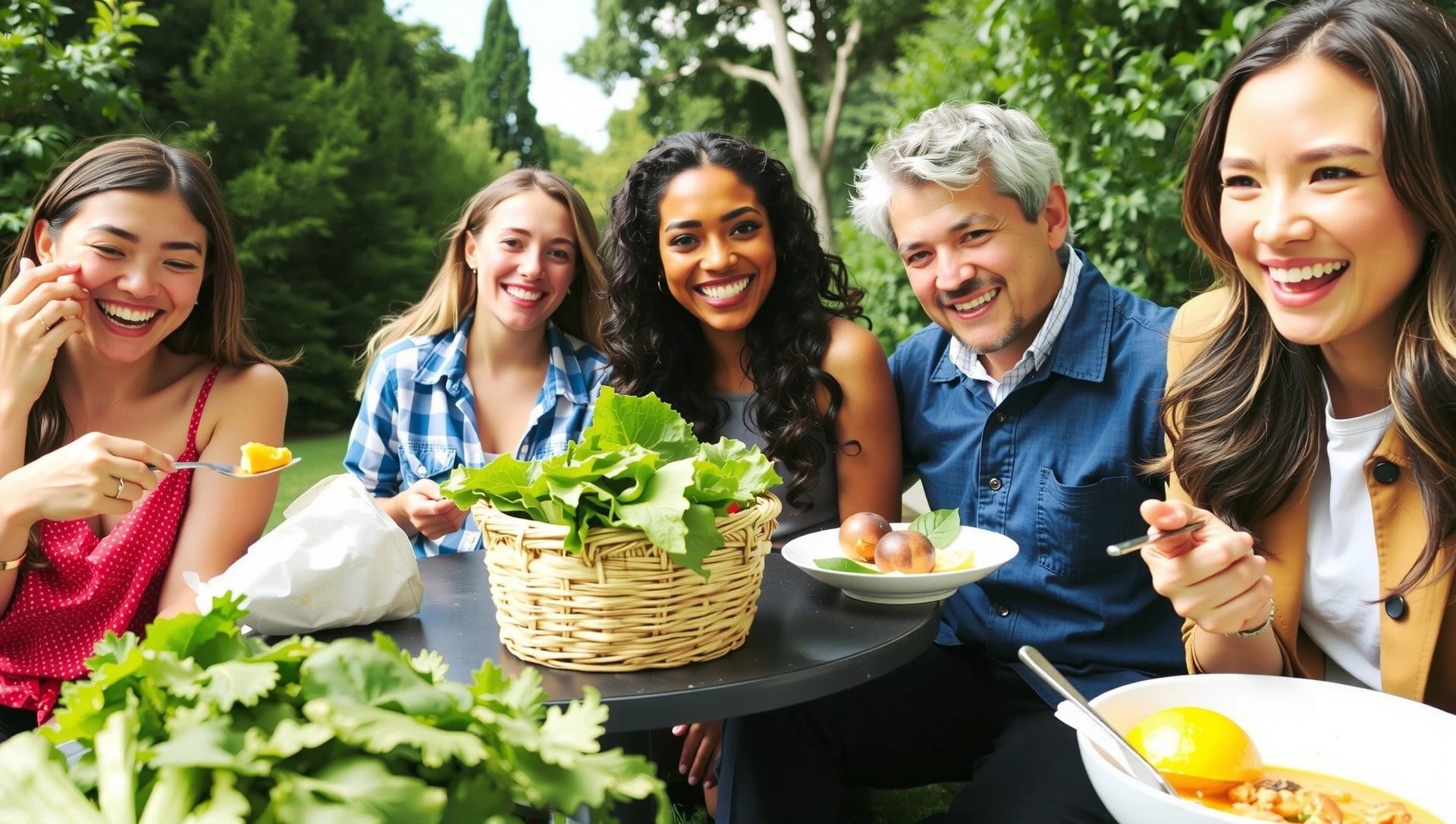 Zdravé jídlo a šťastní lidé v přírodě