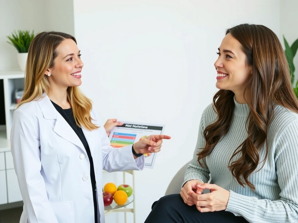 Uśmiechnięty dietetyk w nowoczesnym biurze, rozmawiający z klientem o zdrowym odżywianiu