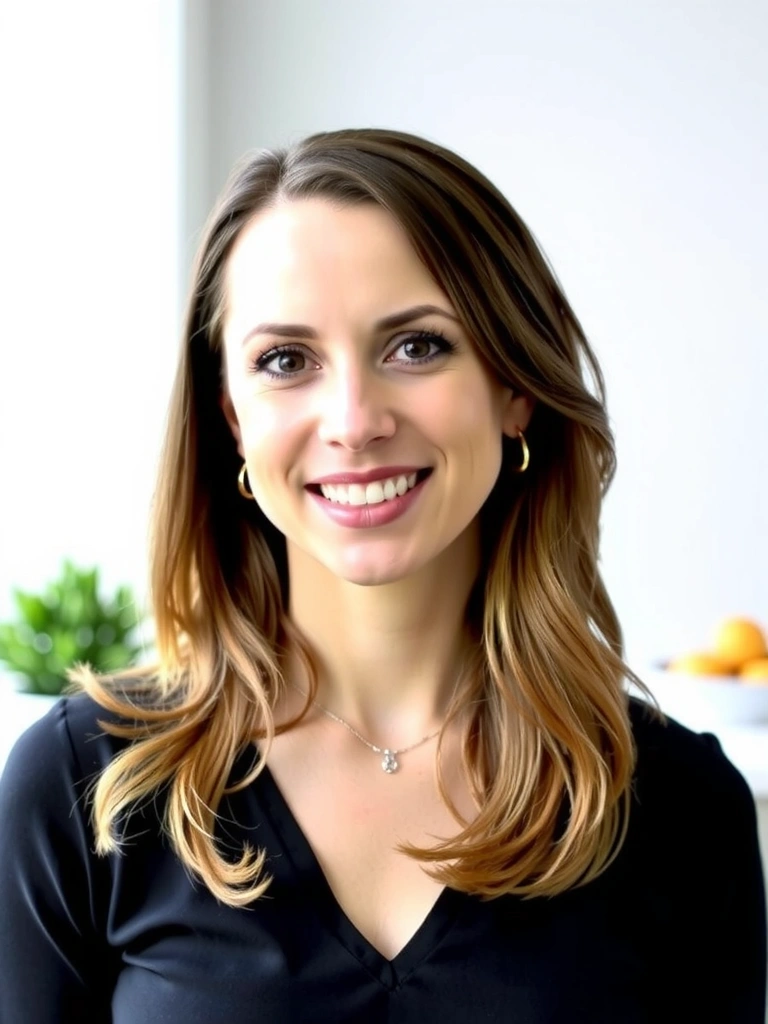 Profesionální fotografie nutričního specialisty [Jméno Nutriciologa] s úsměvem, v moderním a světlém interiéru, symbolizujícího zdraví a pohodu.