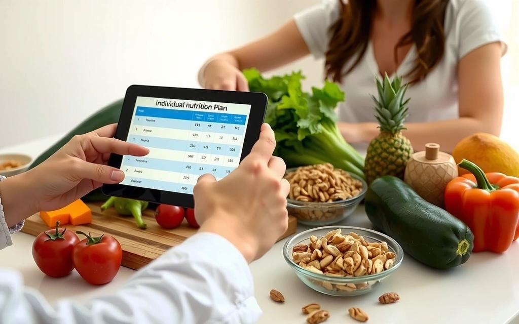 Detailní záběr na ruce nutričního specialisty ukazující individuální výživový plán klientovi na tabletu. Na stole jsou zdravé potraviny.