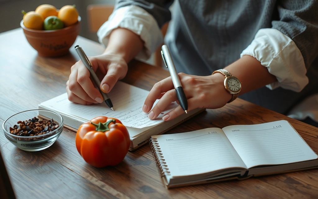 Osoba zapisující si jídlo do deníku s perem a talířem zdravého jídla v pozadí.
