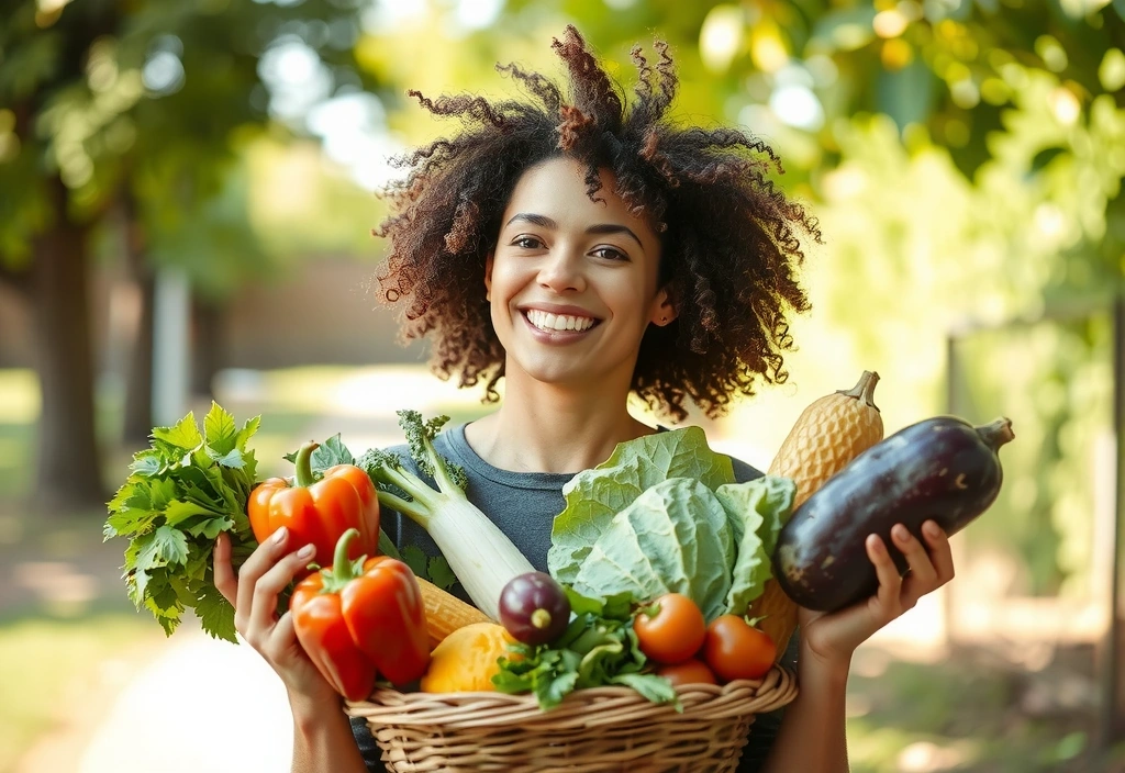 Uśmiechnięta, zadowolona osoba trzymająca świeże, kolorowe warzywa