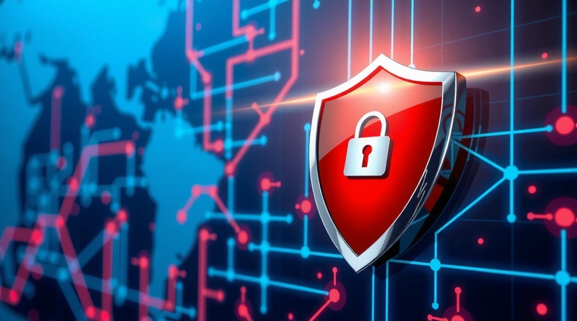 Ilustrace digitální bezpečnosti a ochrany dat s ikonami štítů a zámků