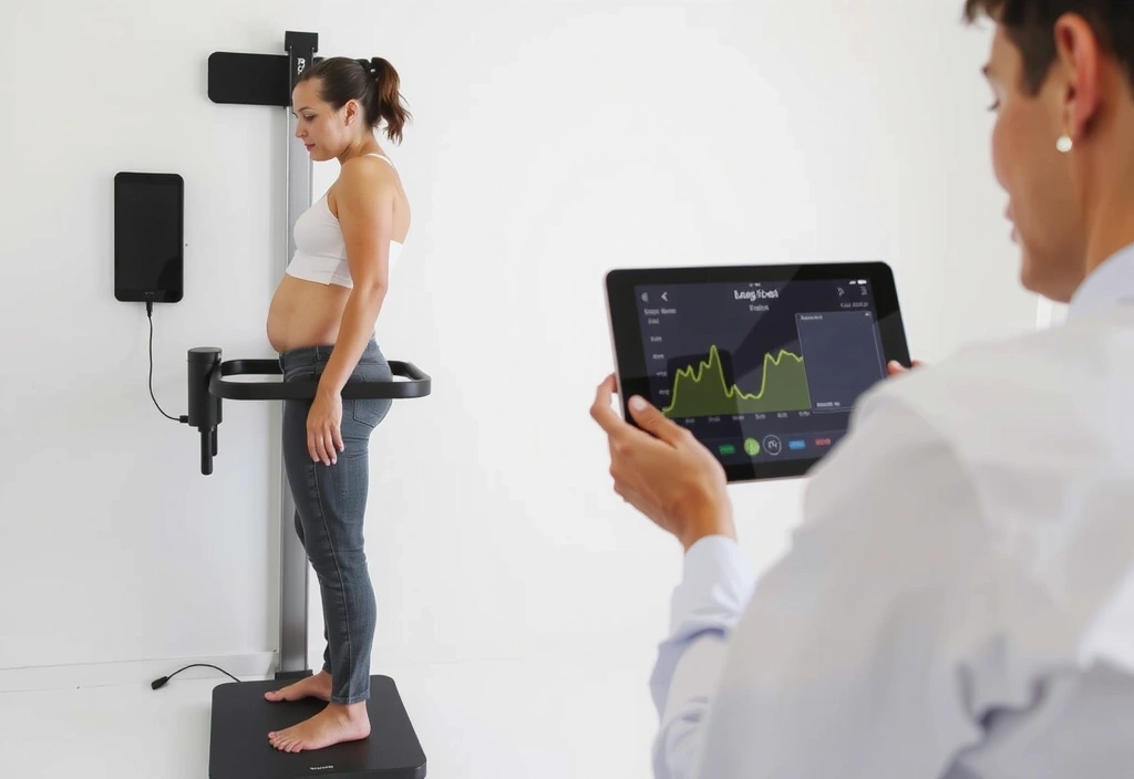 Osoba na analitycznej wadze, dietetyk interpretuje dane