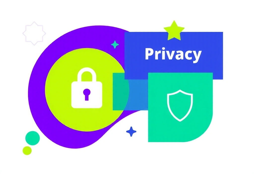 Ilustrace bezpečnosti dat a soukromí s ikonami zámku a štítu.