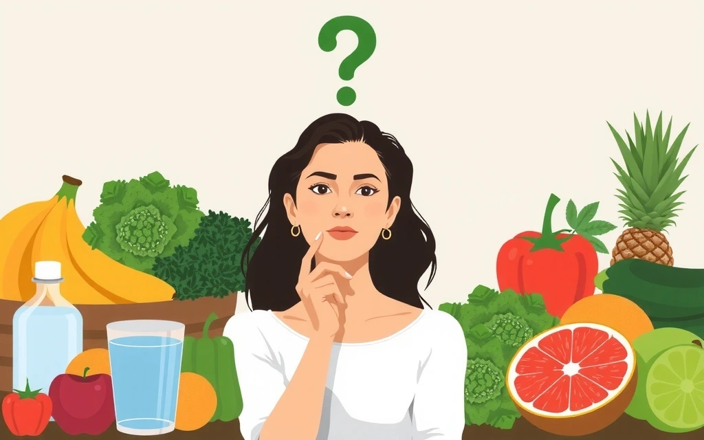Ilustrace ženy s otazníkem, přemýšlející o výživě a zdraví, symbolizující hledání odpovědí.